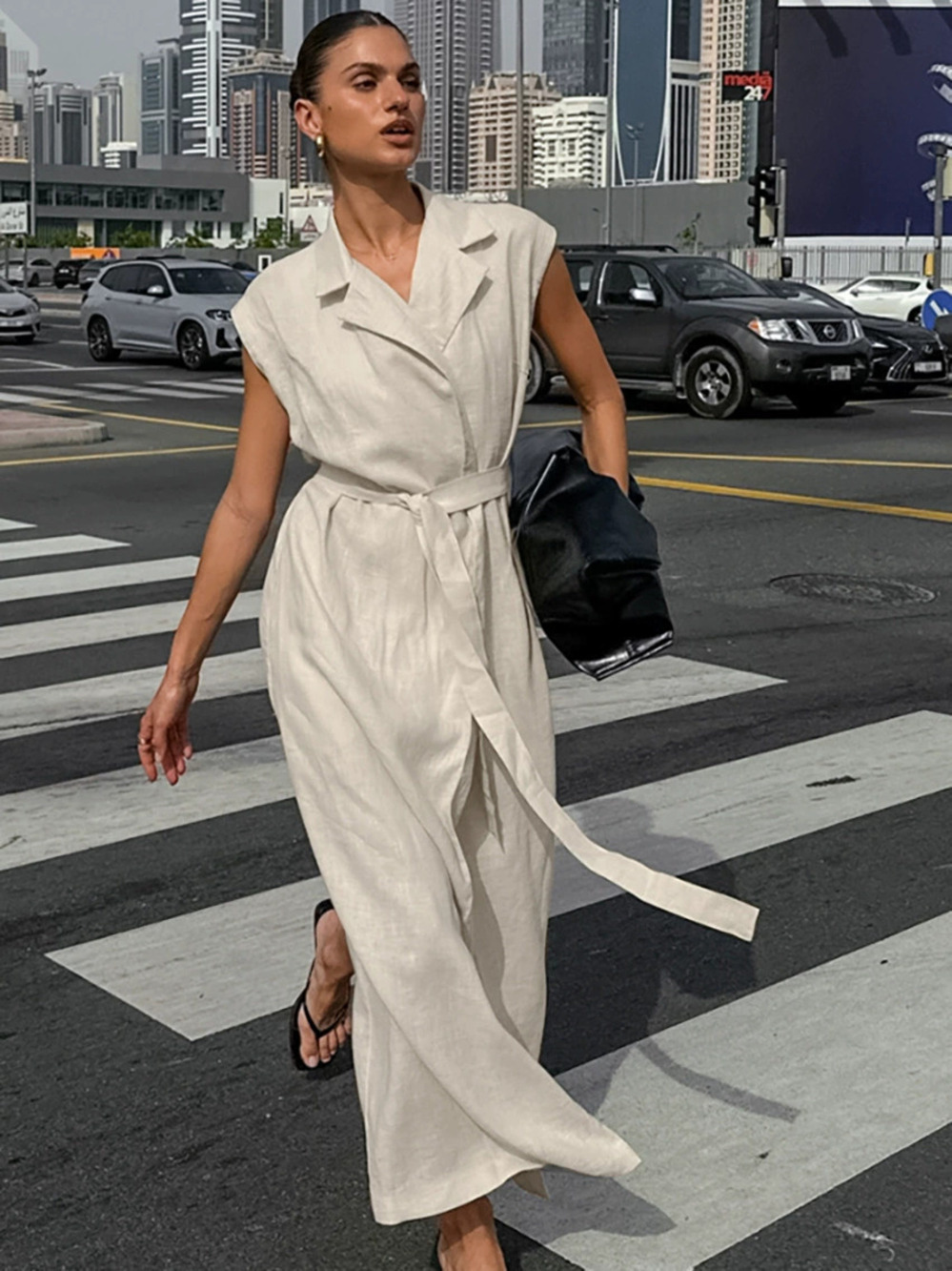 ZARA Cotton Linen High Waist Slit Tie Maxi Dress Chic Design Spring Summer